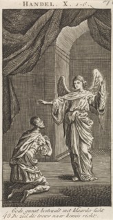 Cornelius kneels before the angel sent to him, Jan Luyken, Anonymous, 1712