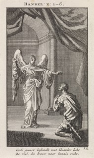 Cornelius kneels before the angel sent to him, Jan Luyken, wed. Pieter Arentsz & Cornelis van der