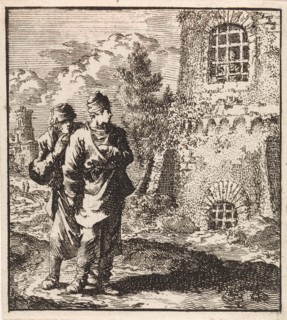 Two travelers watching a man behind the bars of a prison, print maker: Jan Luyken, wed. Pieter
