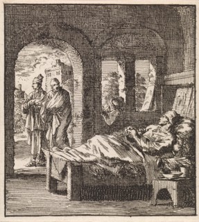 Sick man is lonely in bed while outside two men walking past, print maker: Jan Luyken, wed. Pieter