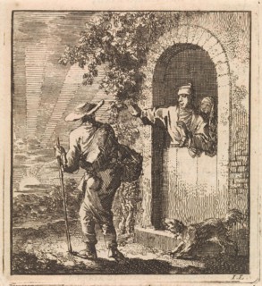 Men in a doorway gesturing a weary traveler to continue, Jan Luyken, wed. Pieter Arentsz & Cornelis