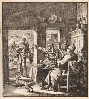 Family makes dismissive gestures to a poor man who asks for help, Jan Luyken, wed. Pieter Arentsz,