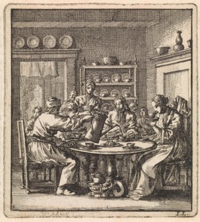 People sit at a table drinking coffee, print maker: Jan Luyken, wed. Pieter Arentsz & Cornelis van