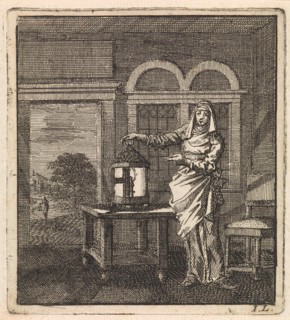 Woman puts a lantern on a table, Jan Luyken, wed. Pieter Arentsz & Cornelis van der Sys (II), 1711