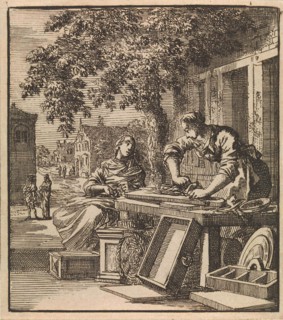 A man sands wood in front of the facade of a house, print maker: Jan Luyken, wed. Pieter Arentsz &