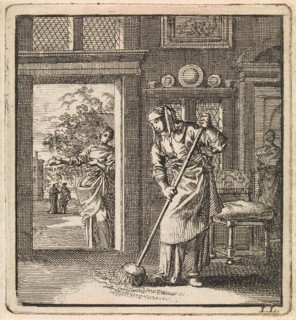 Woman sweeps the floor of a house, Jan Luyken, wed. Pieter Arentsz & Cornelis van der Sys II, 1711