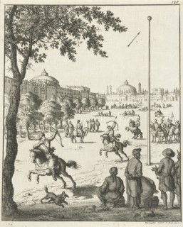 Persians on horseback practicing with bow and arrow, Pieter Jansz, 1651