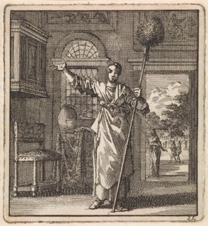 Woman holding a brush on a stick, Jan Luyken, wed. Pieter Arentsz & Cornelis van der Sys (II), 1711