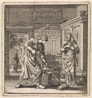 Female scrubs the floor with a scrubbing brush, print maker: Jan Luyken, wed. Pieter Arentsz &