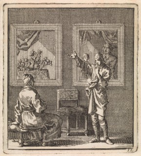 Young man talks about the paintings hanging behind him, print maker: Jan Luyken, wed. Pieter