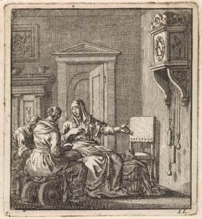 Three women at a wall clock, Jan Luyken, wed. Pieter Arentsz & Cornelis van der Sys (II), 1711