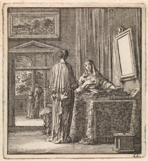 In addition to a mirror where a woman looks at another woman reading the Bible, Jan Luyken, wed.