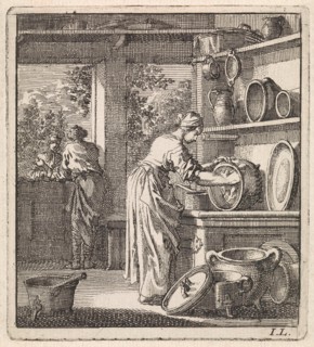 Woman cleans a pot, Jan Luyken, wed. Pieter Arentsz & Cornelis van der Sys (II), 1711