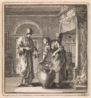 Woman places a coal in a pot, print maker: Jan Luyken, wed. Pieter Arentsz & Cornelis van der Sys
