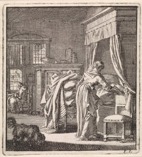 Woman collects a bed sheet, Jan Luyken, wed. Pieter Arentsz & Cornelis van der Sys (II), 1711