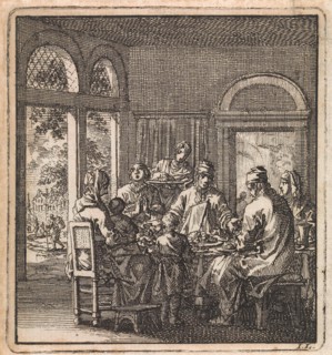 A family at a table, print maker: Jan Luyken, wed. Pieter Arentsz & Cornelis van der Sys II, 1711