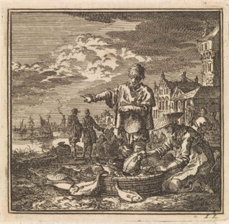Fisher and his wife and a tub full of fish, Jan Luyken, wed. Arentsz Pieter Cornelis van der Sys