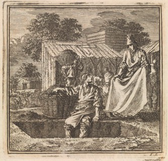 Man sitting on the edge of a deep pit, print maker: Jan Luyken, wed. Pieter Arentsz & Cornelis van