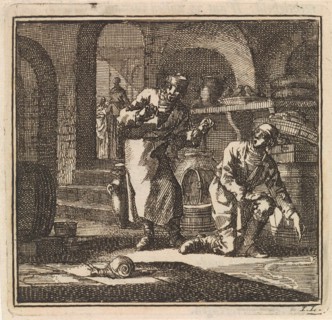 In a basement two men are looking at the trail of a snail, print maker: Jan Luyken, wed. Pieter