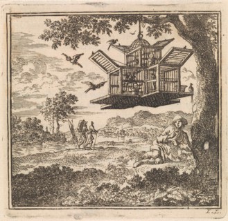 On a tree hangs a birdcage, Jan Luyken, wed. Pieter Arentsz & Cornelis van der Sys (II), 1711