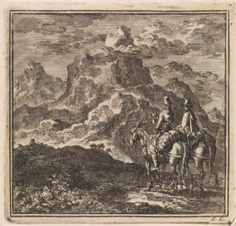Two travelers on donkeys in the Alps, Jan Luyken, wed. Pieter Arentsz & Cornelis van der Sys (II),