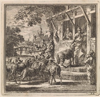 Sheep are led inside a butcher's, Jan Luyken, wed. Pieter Arentsz & Cornelis van der Sys (II), 1711