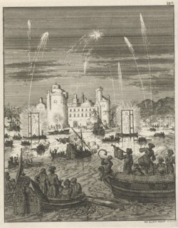 Fireworks and gondolas in Cairo, Egypt, Jan Luyken, 1681