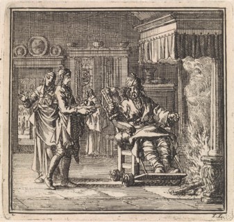 Man with gout gets food served at the fireplace, Jan Luyken, wed. Pieter Arentsz & Cornelis van der
