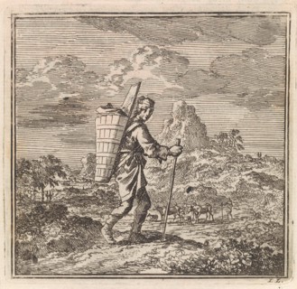 Hiker with a piece and a carrying basket in a hilly landscape, Jan Luyken, wed. Pieter Arentsz &