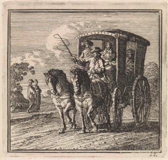 Four figures in a carriage, print maker: Jan Luyken, wed. Pieter Arentsz & Cornelis van der Sys II,
