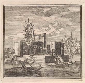Dredger on the outskirts of a town, print maker: Jan Luyken, wed. Pieter Arentsz & Cornelis van der