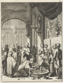 Foot Washing of the travelers in a monastery in Jerusalem, Jan Luyken, 1681