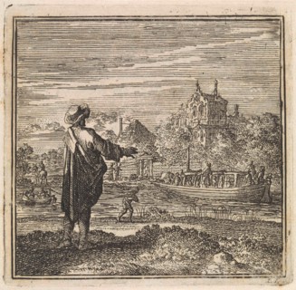 On the waterfront a man watches a barge, Jan Luyken, wed. Pieter Arentsz & Cornelis van der Sys