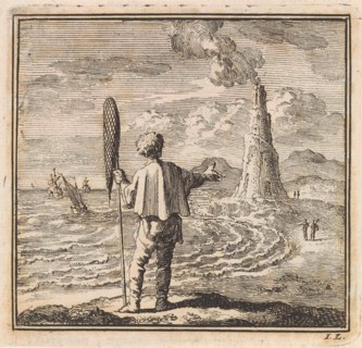 Beach scene with a man who points to a smoking lighthouse, print maker: Jan Luyken, wed. Pieter