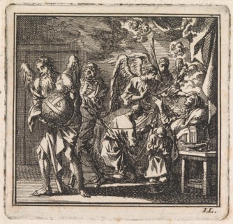 Death is about to cut the thread of life of a dying woman, Jan Luyken, wed. Pieter Arentsz,