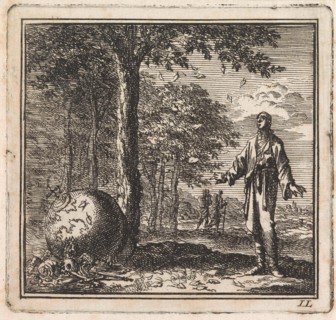 Man sees a tree which is losing its leaves, next to which lies a globe among bones, Jan Luyken, wed