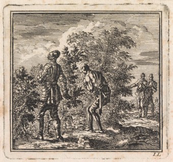 Armored man and half-naked man trying to walk through a pricklebush, Jan Luyken, wed. Pieter
