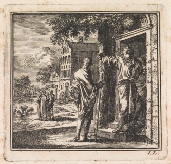 Man is denied access to a house, Jan Luyken, wed. Pieter Arentsz & Cornelis van der Sys (II), 1710