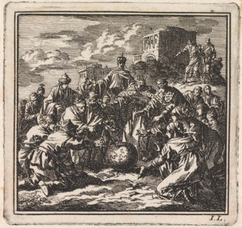 People of all sorts reaching for a globe, Jan Luyken, wed. Pieter Arentsz & Cornelis van der Sys