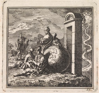 Before a narrow gate a few men rest near a globe, Jan Luyken, wed. Pieter Arentsz, Cornelis van der