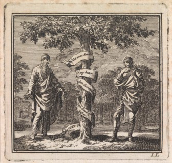 Old and young man in a tree with ribbon, Jan Luyken, wed. Pieter Arentsz & Cornelis van der Sys