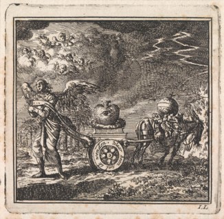 Heart on a chariot pulled in opposite directions by an angel and a donkey, Jan Luyken, wed. Pieter