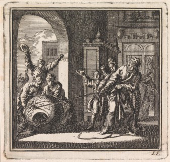 Some people pull the world on a string inside their house, Jan Luyken, wed. Pieter Arentsz,
