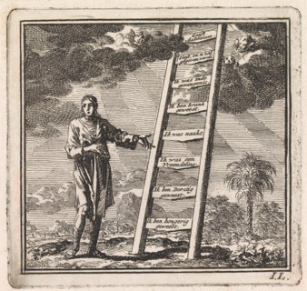 Man points to a ladder reaching to heaven, Jan Luyken, wed. Pieter Arentsz & Cornelis van der Sys