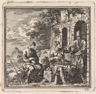 Man who does not share his food with a friend, print maker: Jan Luyken, wed. Pieter Arentsz &