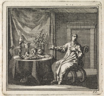 Woman pointing at the vanitas symbols on the table before her, Jan Luyken, wed. Pieter Arentsz &