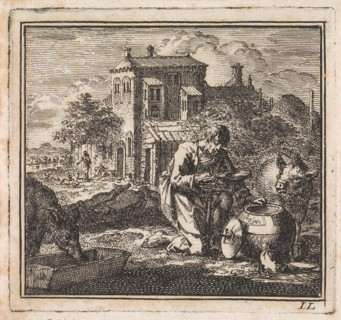 Poor man kneels between pigs and takes food from a vessel in the shape of the world, Jan Luyken,