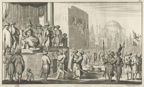 Man negotiates on throne with the leaders of the rebellious Janitzaren at Constantinople, Jan