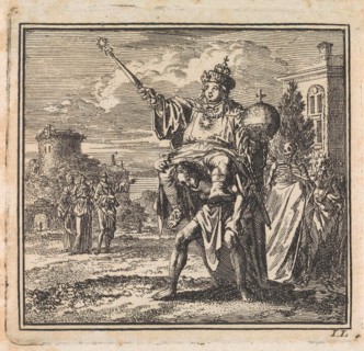 Man is burdened by the weight of the dignitary on his back, whose cloak is carried by death and the