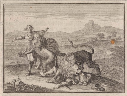 Two Abyssinian nobles being devoured by lions on the field that they ruined during their hunting,